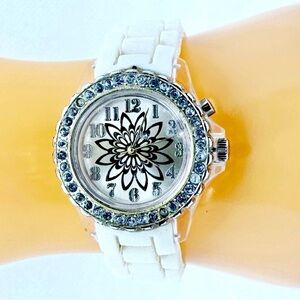 AccuTime Black Flower Face Silver Rhinestone White Silicone Band Analog Watch